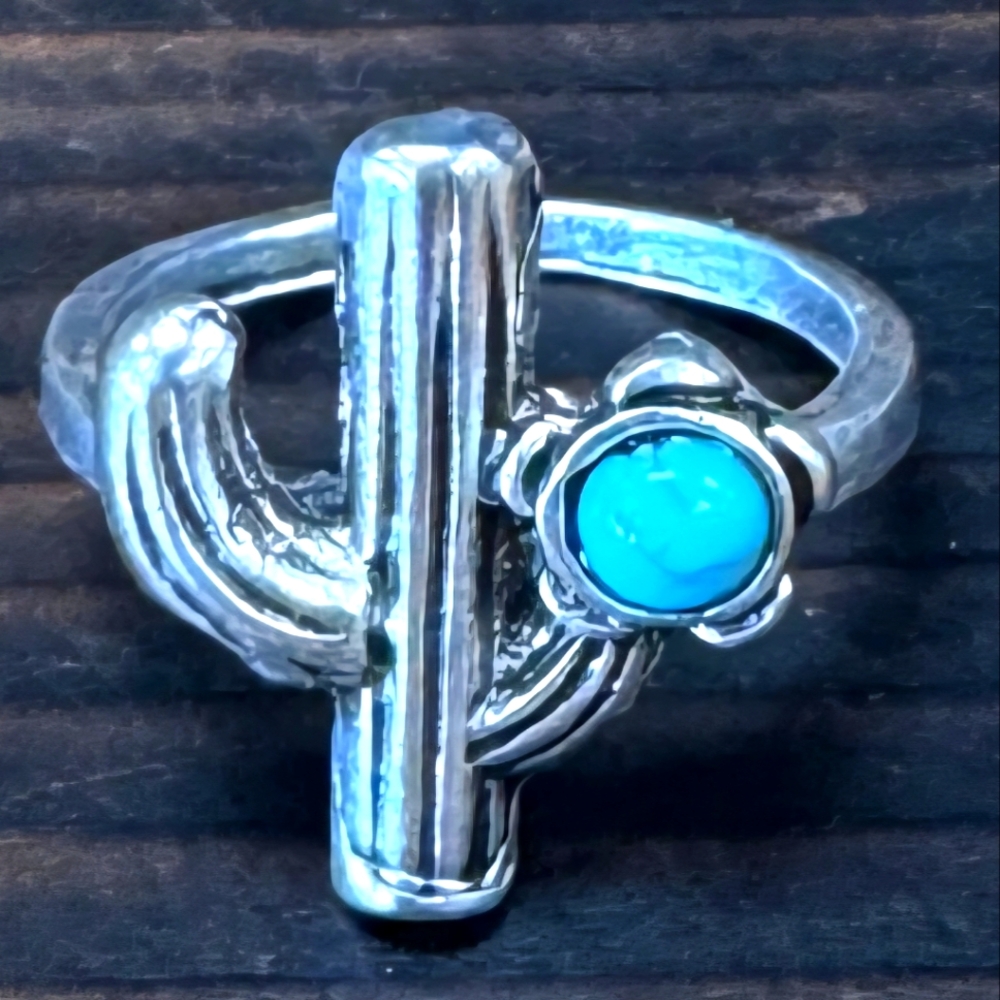 TURQUOISE WESTERN CACTUS UNIQUE NEW TITANIUM QUALITY SILVER SIZE 6 RING
